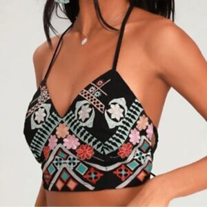 Fashion Nova Black Embroidered Bohemian Cropped Tie Wrapped Bustier NWT XL